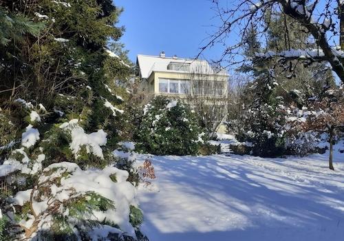Haus mit Garten im Winter