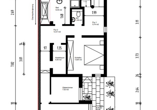 Gartengeschoss bemaßt