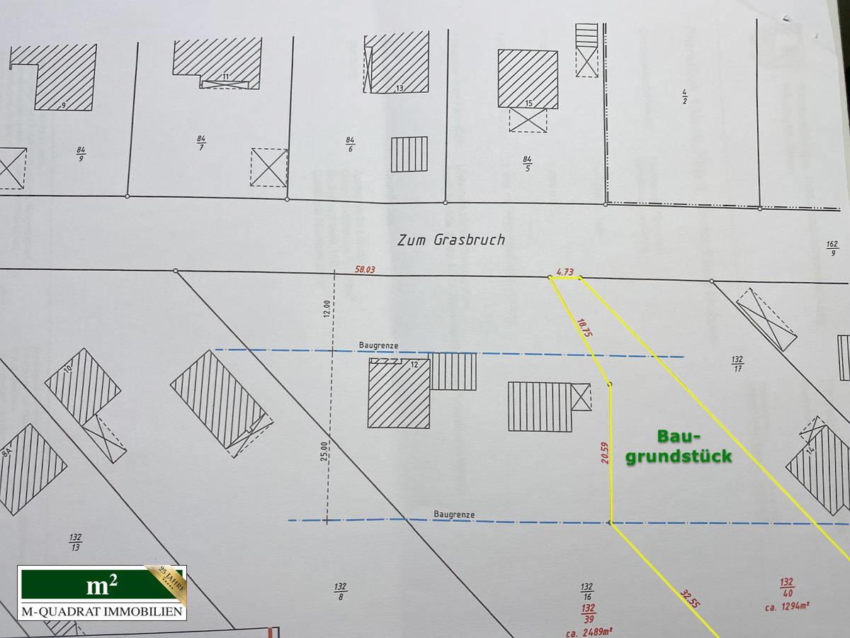 Bemaßter Lageplan mit Skizzierung der Baugrenze