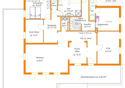 Das 1. OG mit 120 m² Dachterr.