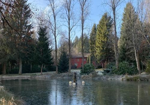 Blick vom See zum Haus