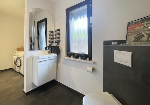 Gäste-Bad mit Dusche, WC, Waschbecken