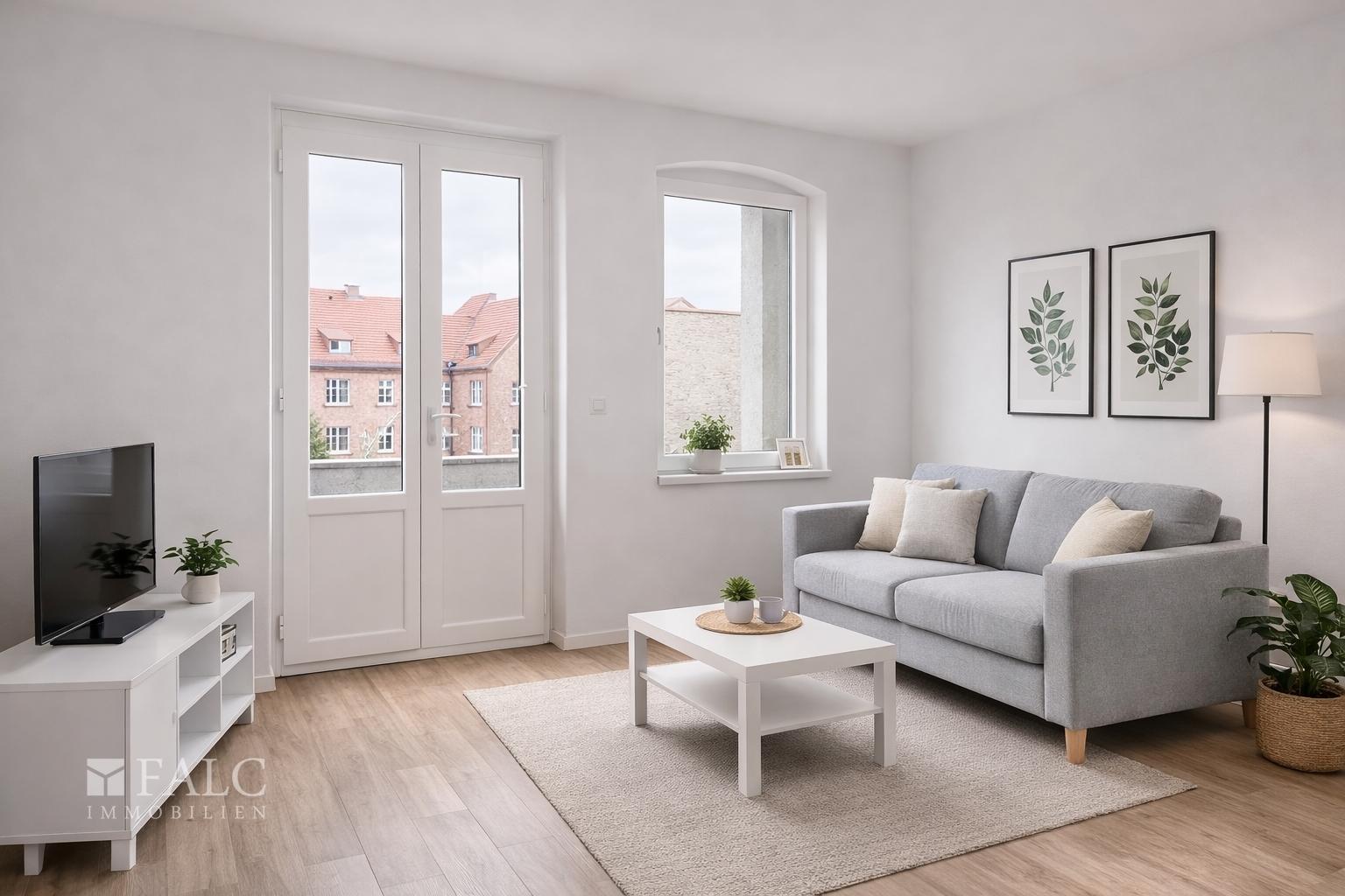 Wohnzimmer - Mögliche Gestaltung nach Renovierung (KI-Visualisierung)
