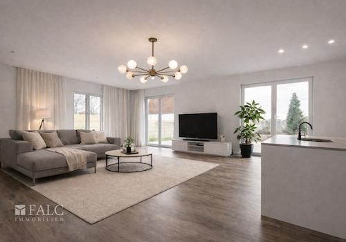 „Lichtdurchfluteter Sitzbereich mit bodentiefen Fenstern, Möblierung visualisiert.“