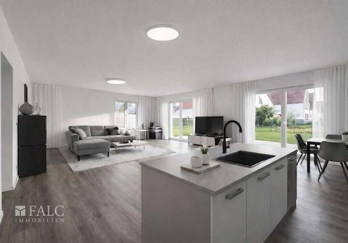 „Offener Wohnbereich mit Zugang zur großzügigen Terrasse, Möblierung visualisiert.“