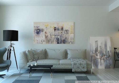 Wohnzimmer, möblierungsvorschlag mit Sofa, Stehlampe, Sessel und Bild