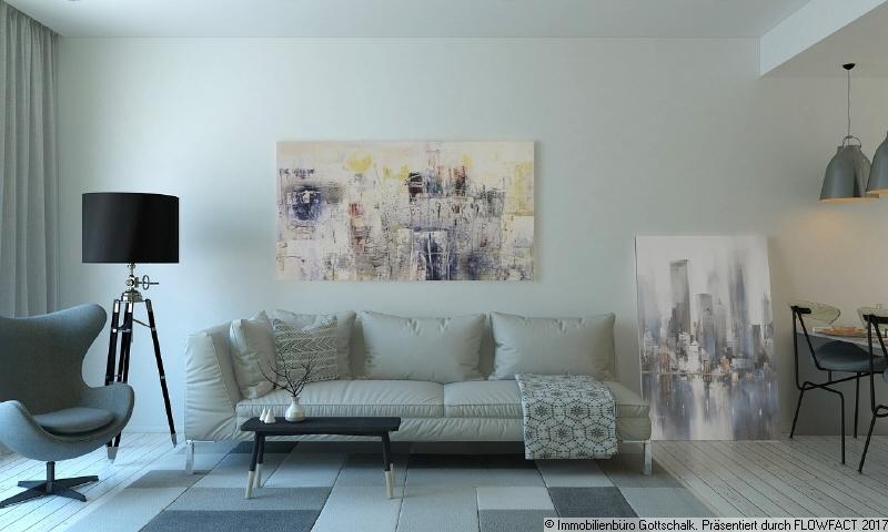 Wohnzimmer, möblierungsvorschlag mit Sofa, Stehlampe, Sessel und Bild