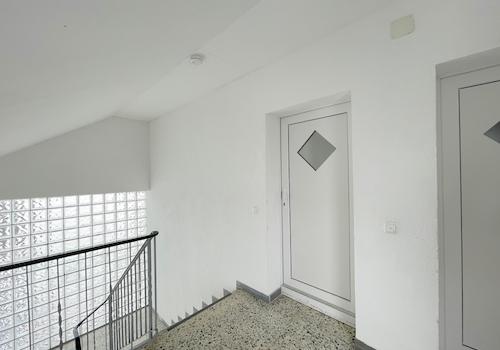 Freundlicher Treppenhausflur mit modernen Wohnungstüren