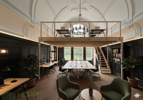 Coworking mit Zwischengeschoss(Einrichtungsbeispiel KI generiert)