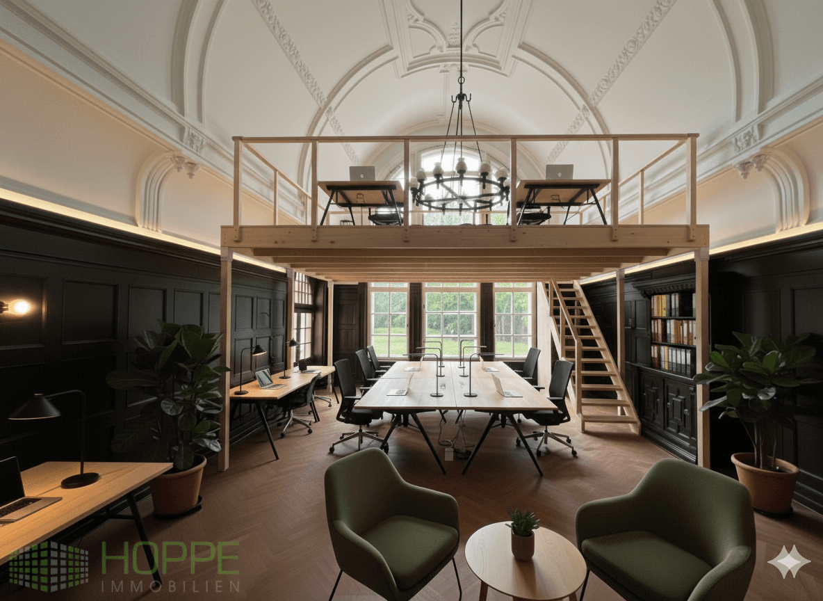 Coworking mit Zwischengeschoss(Einrichtungsbeispiel KI generiert)