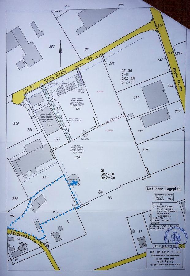 Rauhe Str. 14, Rees, amtl. Lageplan markierte Grenzen
