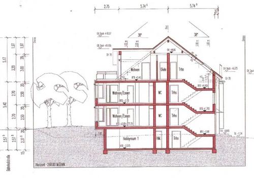 Schnitt Ansicht + Hobbyraum im UG 20 qm