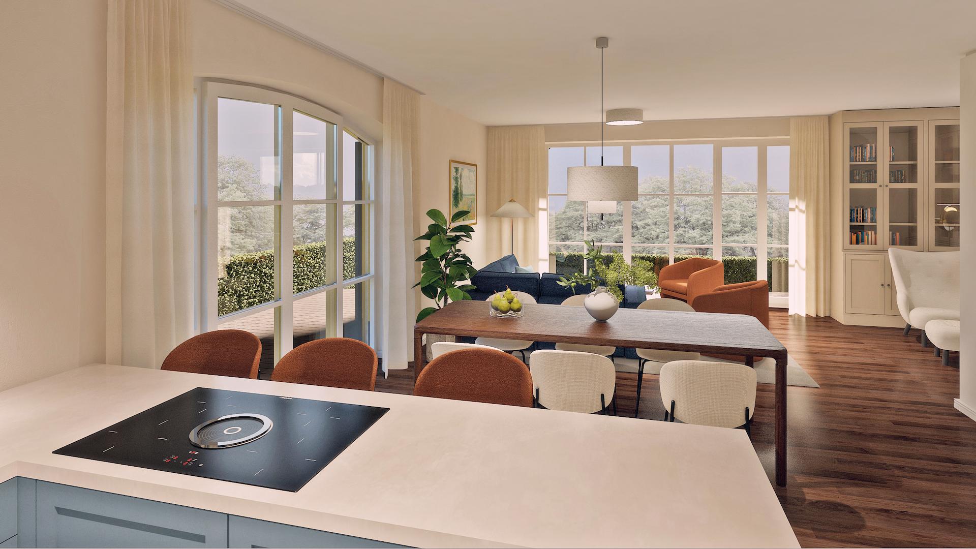 Rendering mit Einrichtung (Wohnen/Essen/Küche)