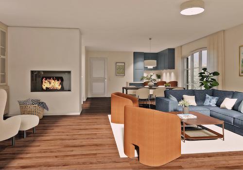 Rendering mit Einrichtung (Wohnen/Essen/Küche)