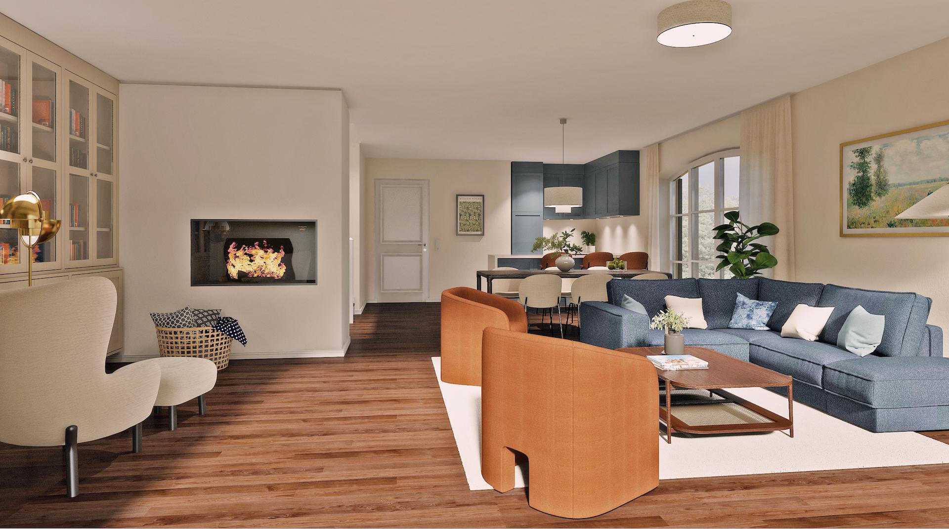 Rendering mit Einrichtung (Wohnen/Essen/Küche)