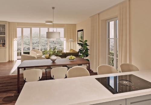 Rendering Wohnen/Essen/Kochen mit Einrichtung