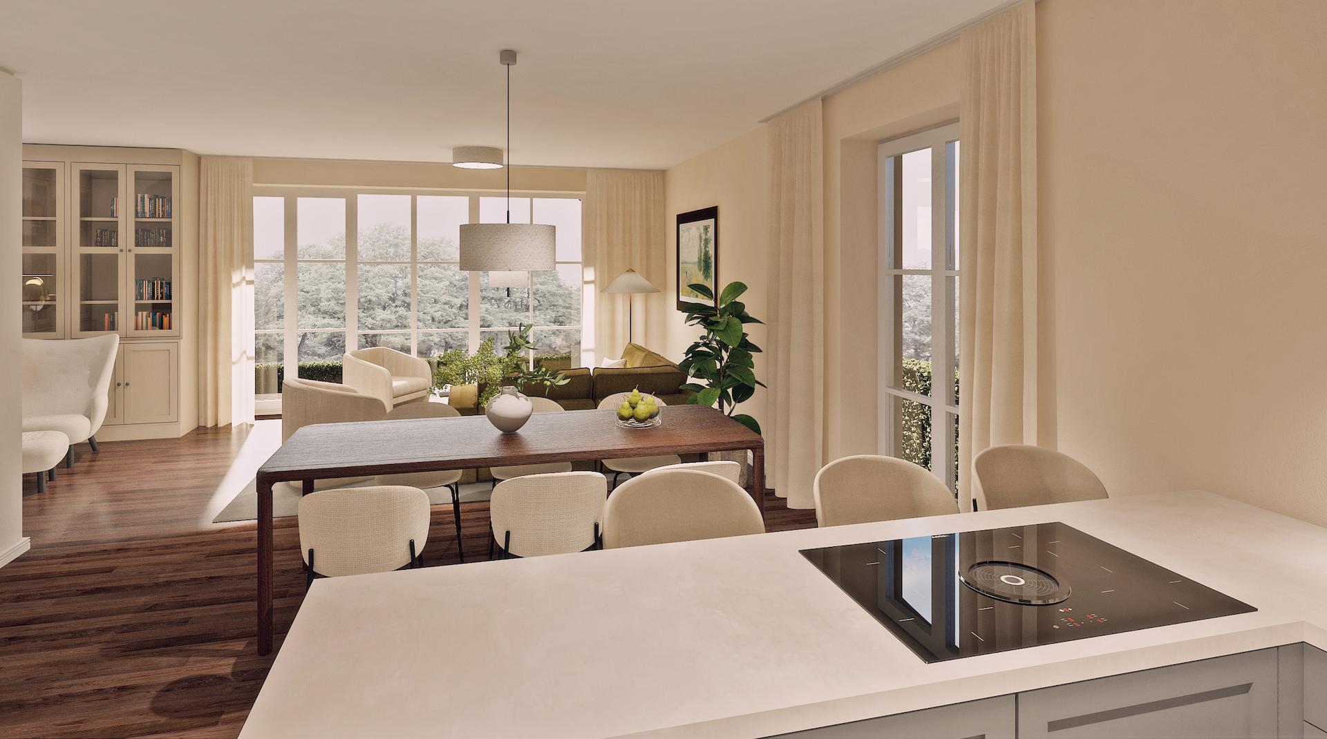 Rendering Wohnen/Essen/Kochen mit Einrichtung