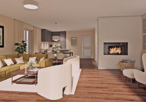 Rendering Wohnen/Essen/Kochen mit Einrichtung