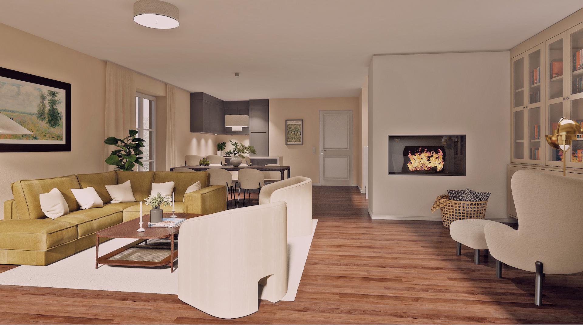 Rendering Wohnen/Essen/Kochen mit Einrichtung