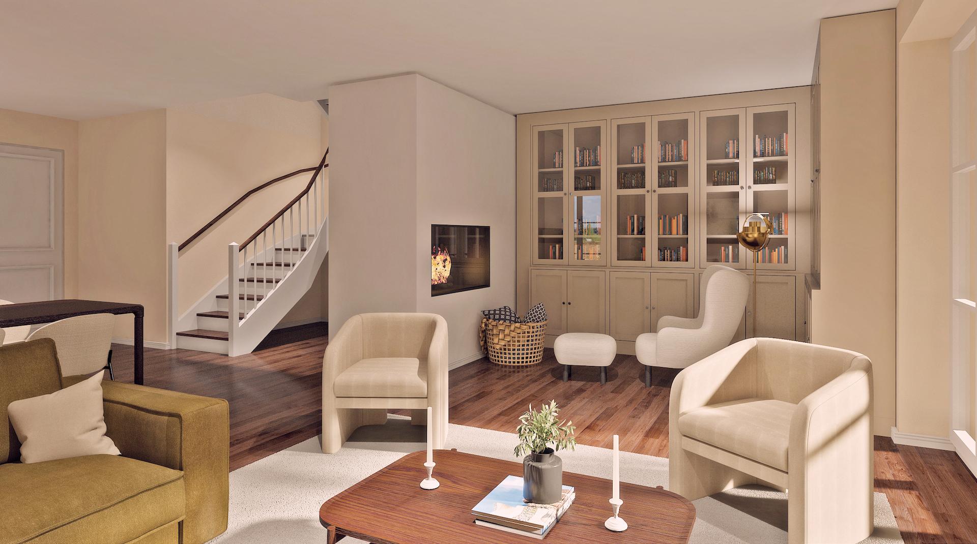 Rendering Wohnen/Essen/Kochen mit Einrichtung