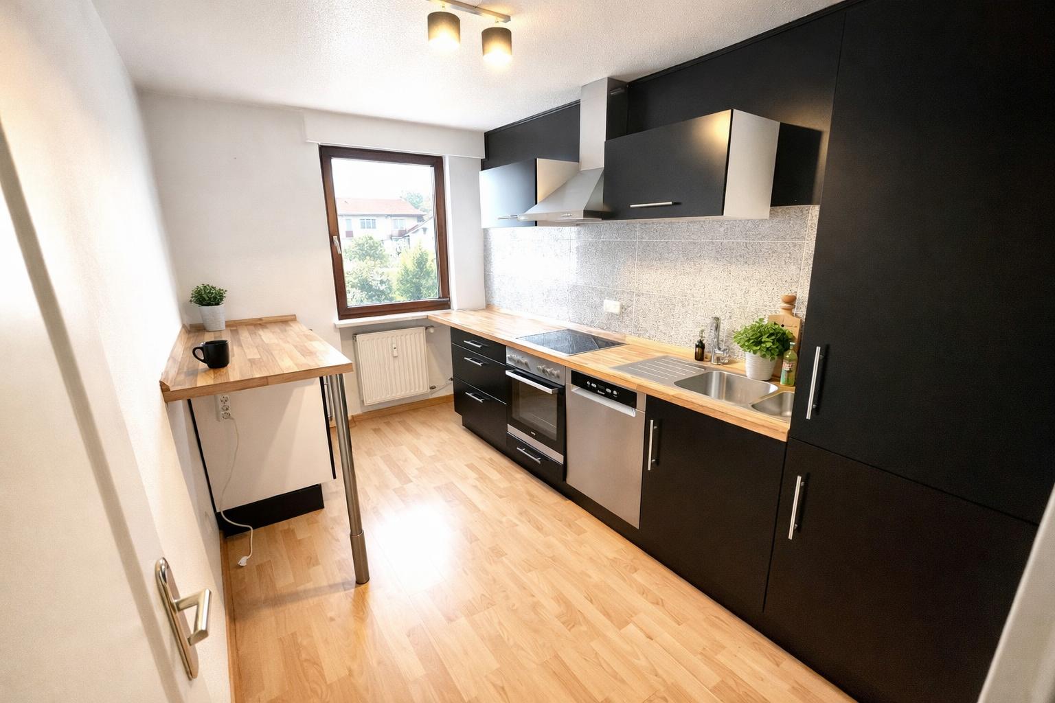 Moderne Küche mit Holzdetails und Edelstahl