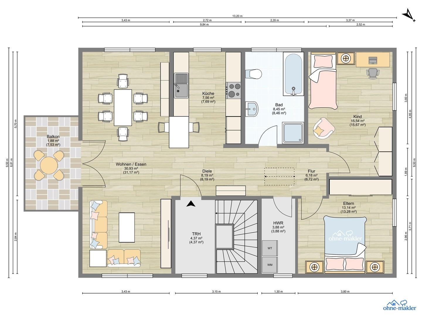 Wohnflächenaufteilung 