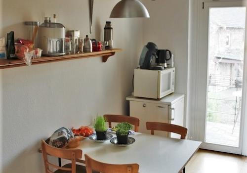 Küche mit Balkon ins Grüne