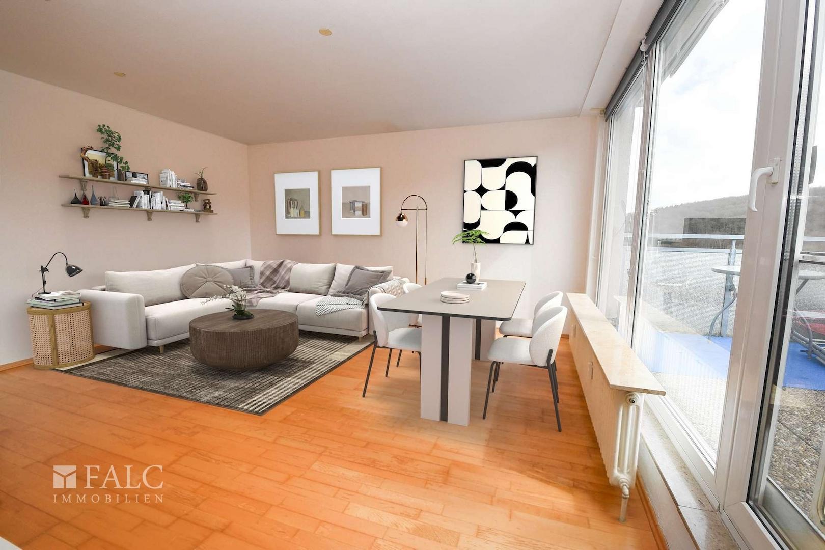 Wohnraum von Küche (virtuell möbliert)