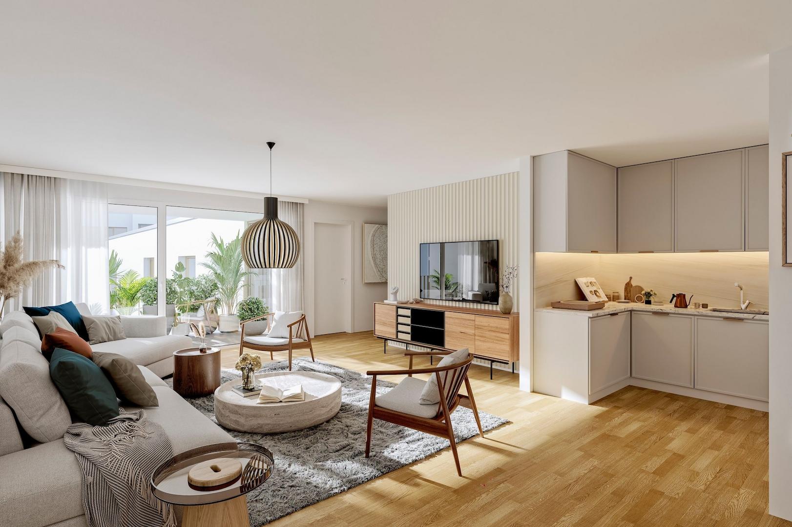 Modernes Wohnzimmer mit Küche