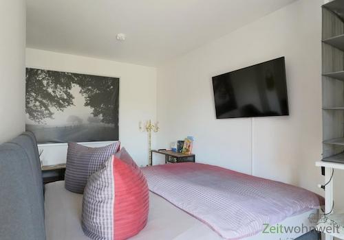 Bett und TV hinter dem Raumteiler