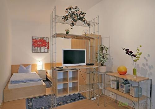 Raumteiler, TV und Bett