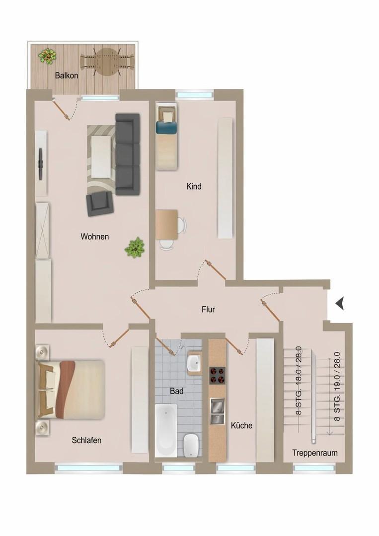 Grundriss 3 Raumwohnung