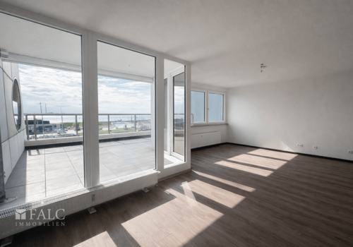 Blick aus Wohnzimmer auf die 40m2 Terrasse