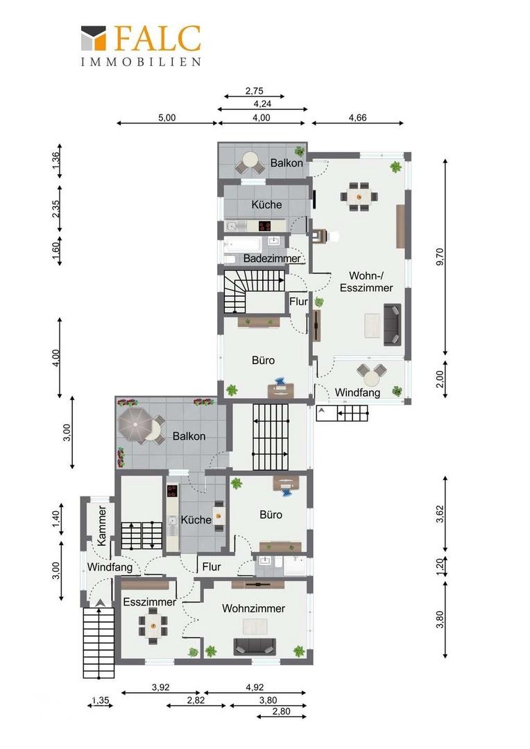 Grundriss EG Haupthaus und 1 Obergeschoss Anbau