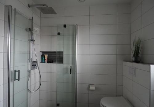 Dusche mit Glasfalttüren