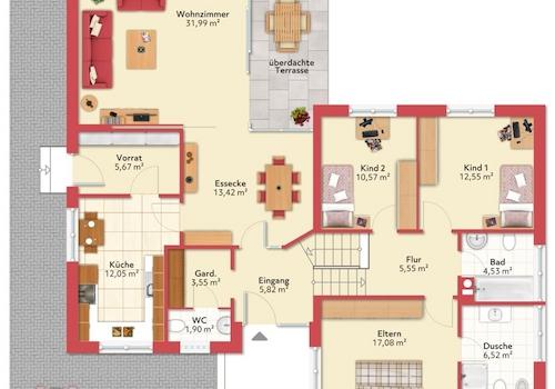 die Raumaufteilung, beispielhaft möbliert