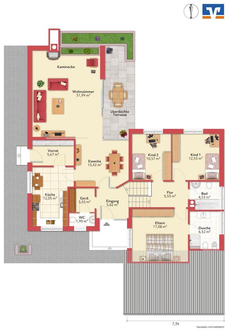 die Raumaufteilung, beispielhaft möbliert