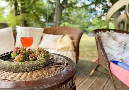 Gemütliche Sitzecke im Garten mit Weintrauben und Getränk