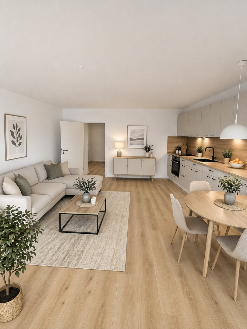 Wohnzimmer mit offener Küche