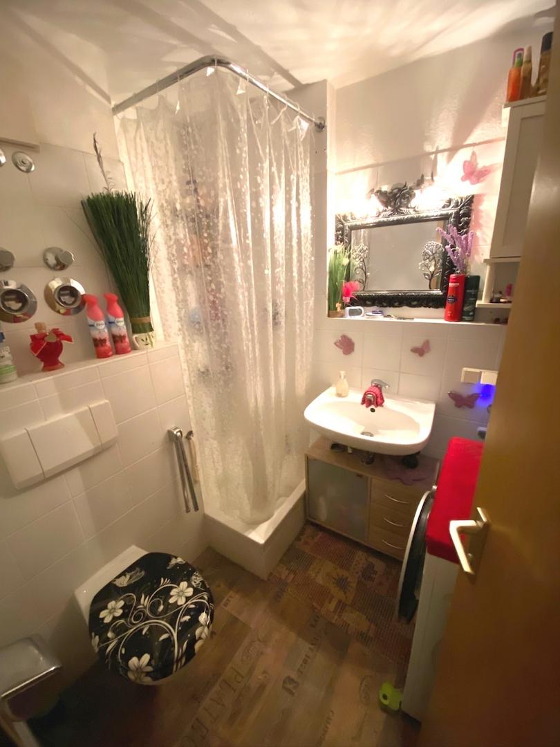 Dusche mit  Toilette und Waschbecken