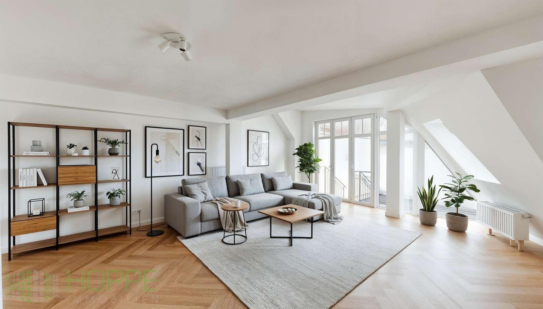 Wohnzimmer Perspektive 1 - (Einrichtungsbeispiel KI generiert)