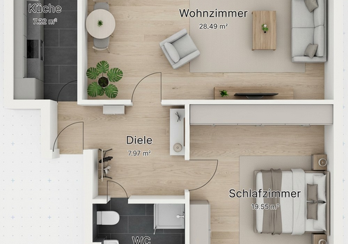 Grundriss mit KI eingerichtet