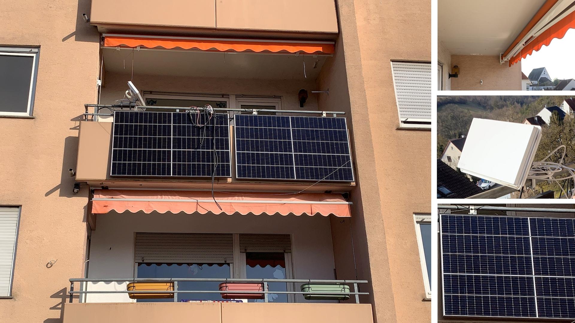 Balkon mit Markise, Satellit und Solarpanelen