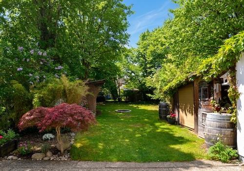 Eingewachsener und sonniger Garten mit Gartenhaus und Schuppen