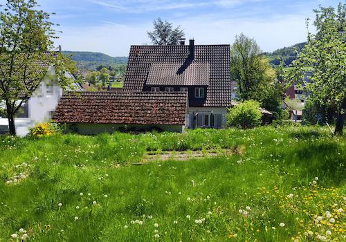 Blick über Haus und Garten