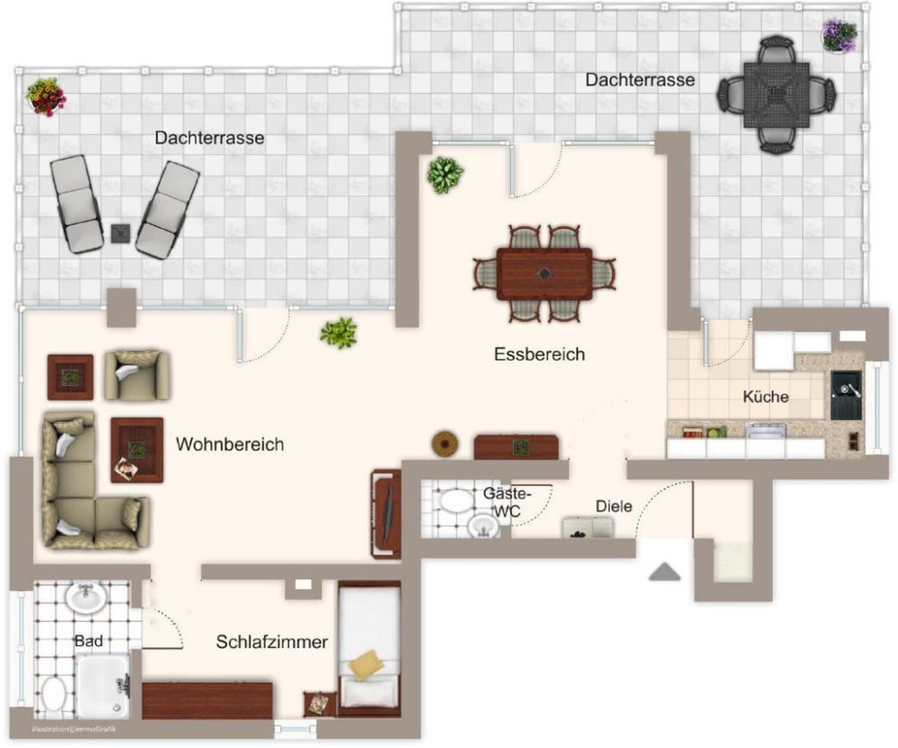 Grundriss mit Bsp.-Möblierung