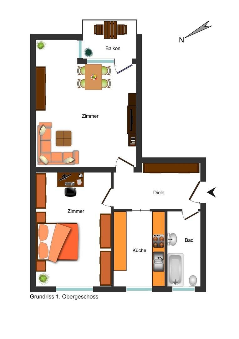 Grundriss 2Zi, inkl. Küche&Bad