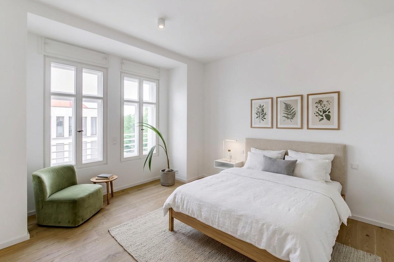 Blick in das Schlafzimmer mit Tageslicht
