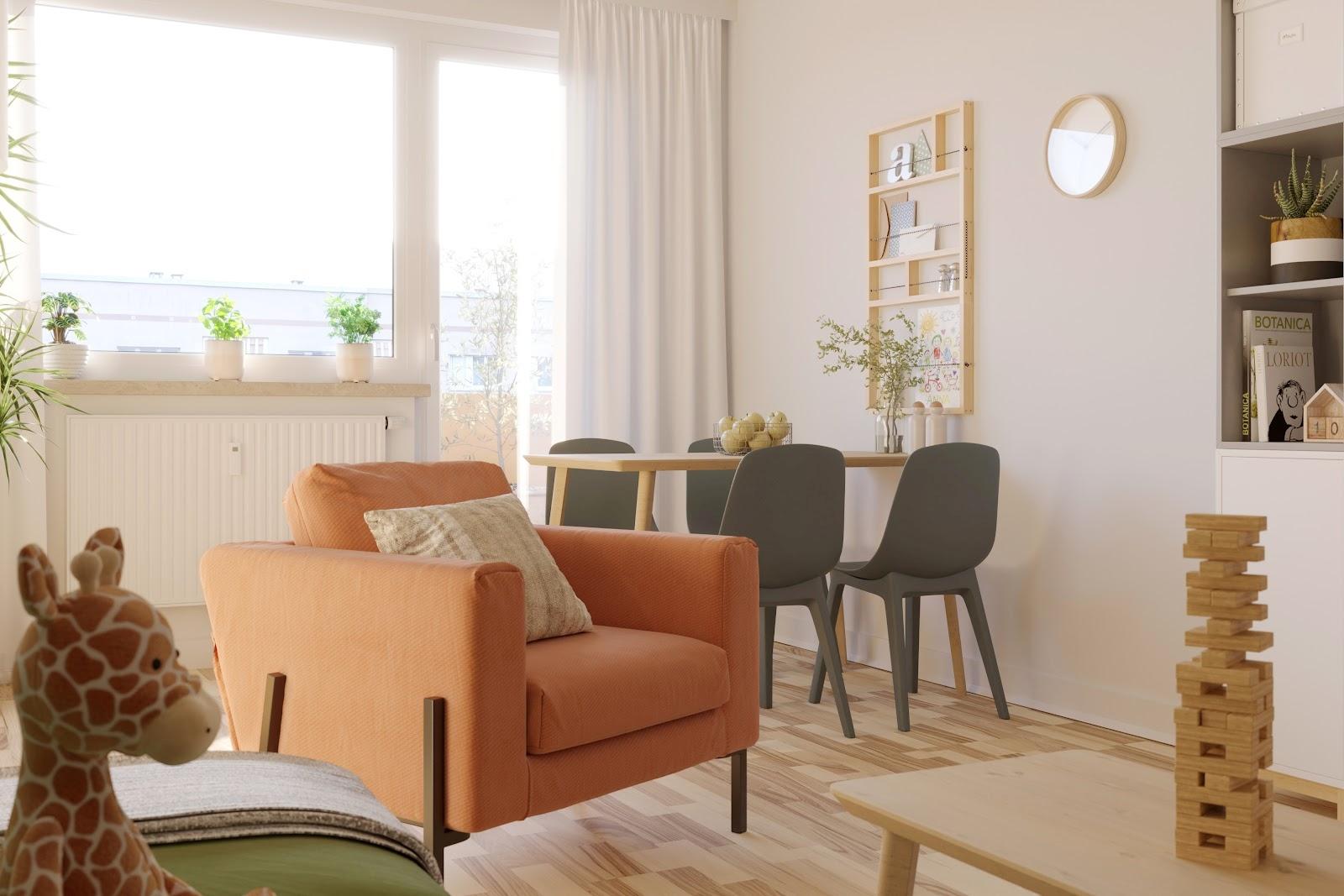 Musterbild zeigt einen Ausschnitt eines modern eingerichteten Wohnzimmers mit Balkon