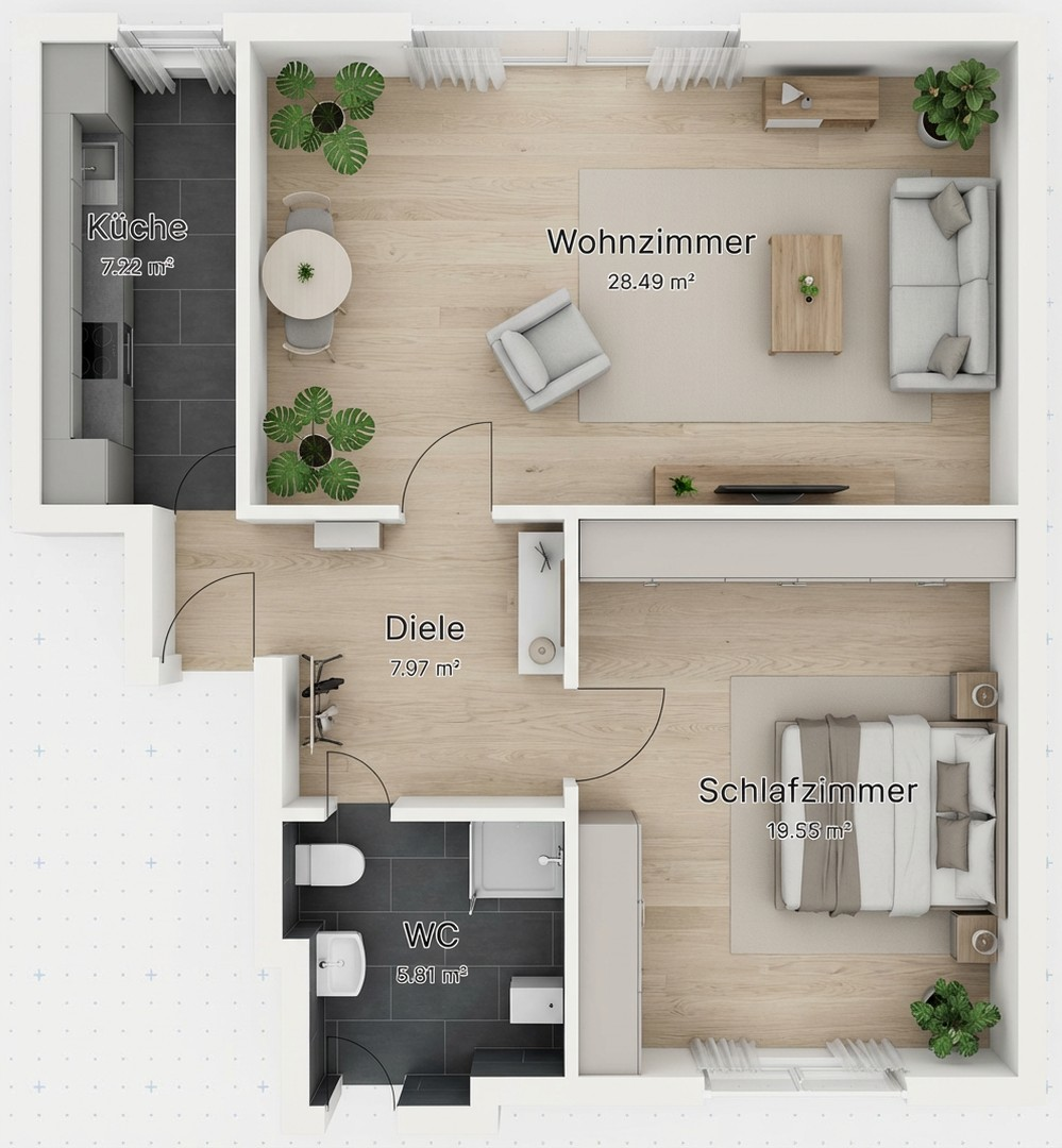 Grundriss mit KI eingerichtet